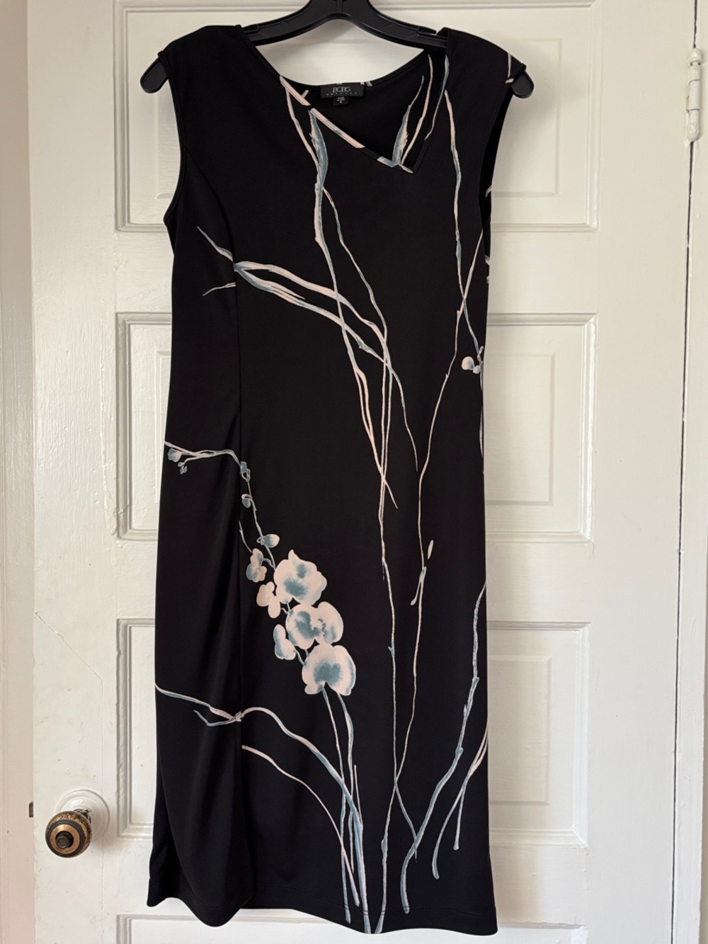 BCBGMaxAzria Black Midi Dress with Pale Pink and Light Blue Floral Detail